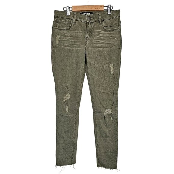 Express Stretch Ankle Legging Mid-Rise Cut Off Jeans Distressed Women Size 0R - Picture 1 of 12